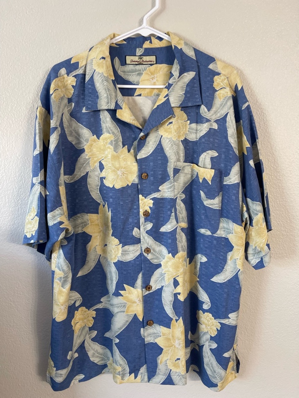 Tommy Bahama Blue Floral Camp Shirt with Yellow Blooms